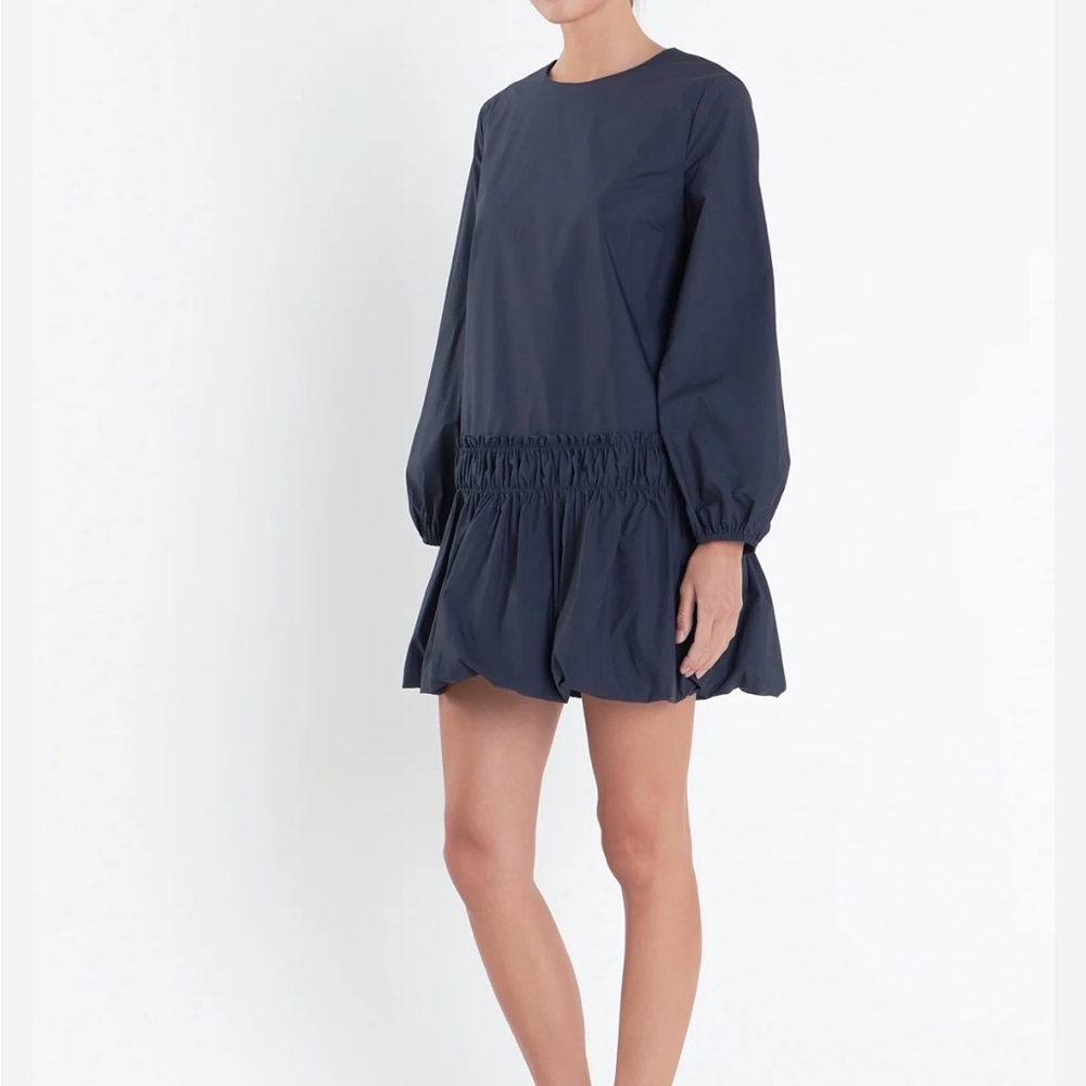 English Factory Navy Long Sleeve Ruffle Hem Mini Dress